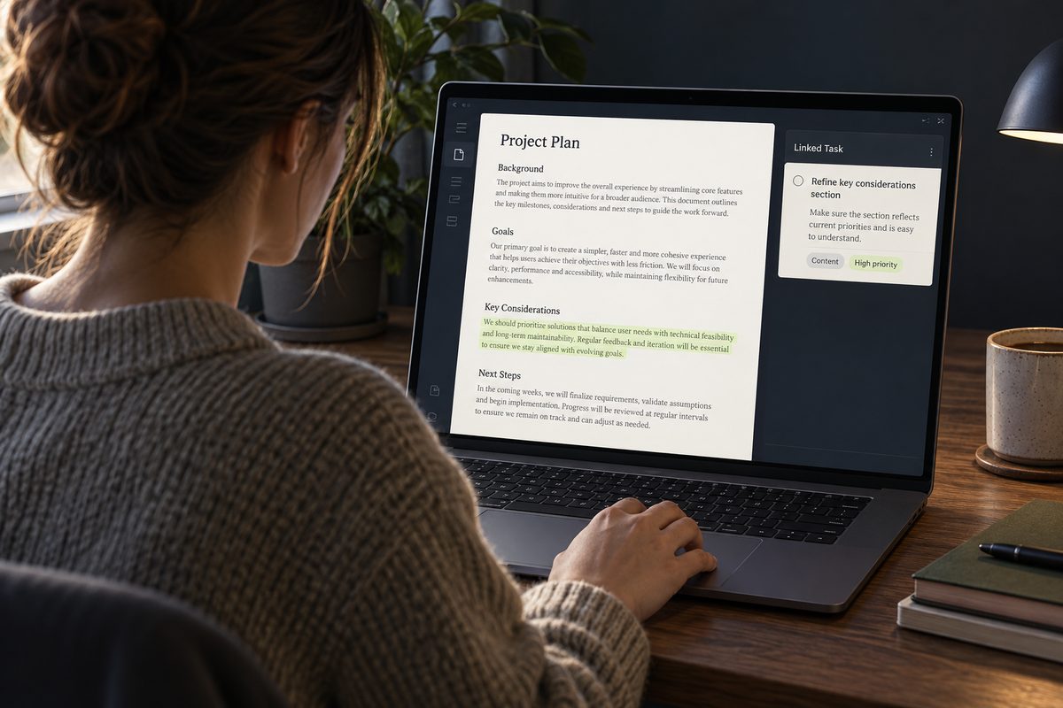 A user reviews an illustrative working document beside its related task.